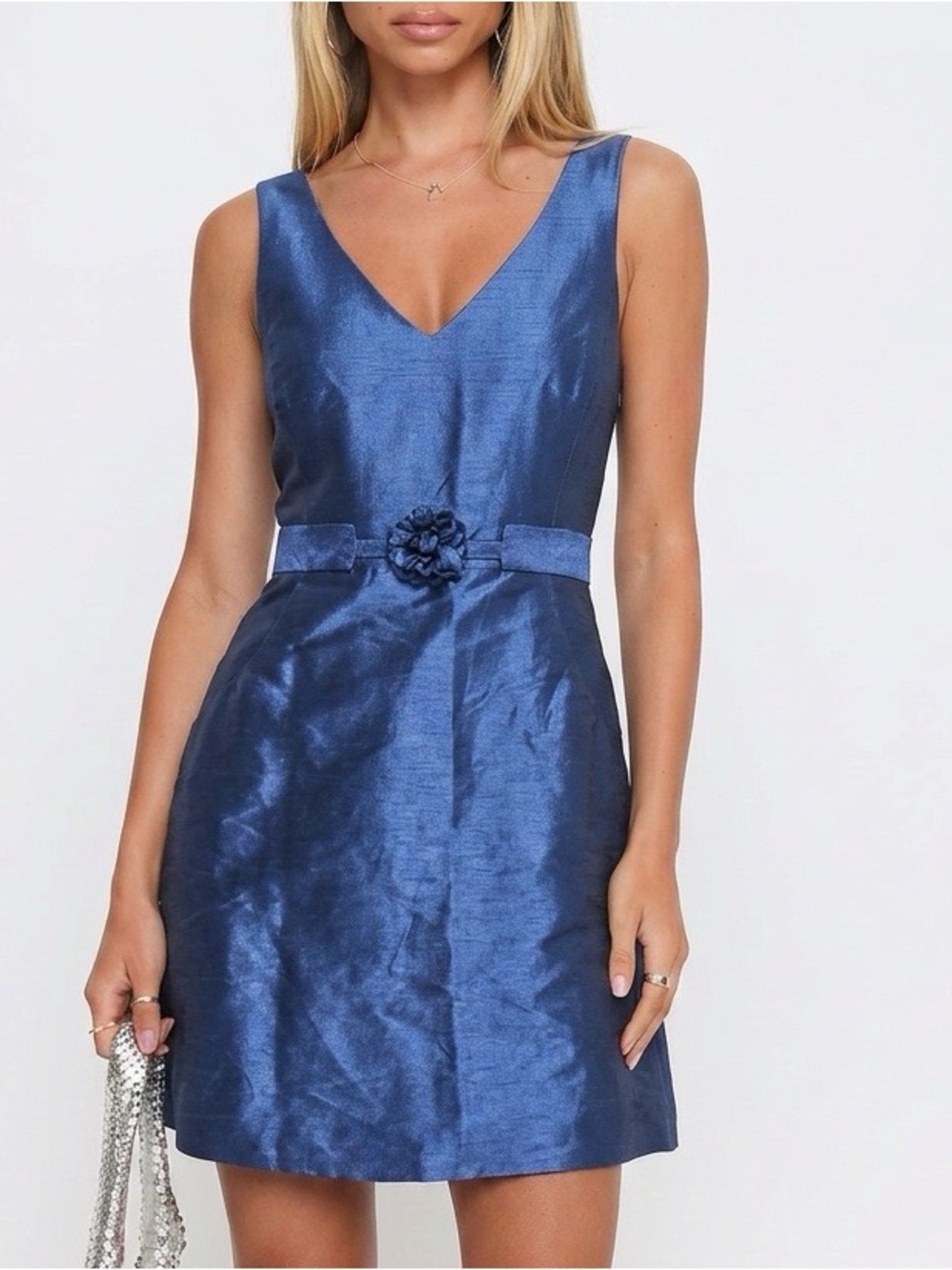 Monique Lhuillier Blue Tafetta Sleeveless Fit and Flare Cocktail Dress Size 6